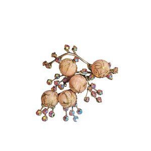 Vintage Gold Floral Brooch With Pink Textured Glass Cabochons  Rhinestone Retro